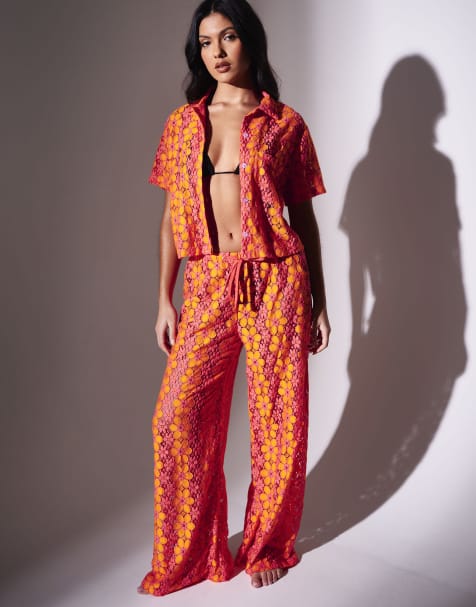 South Beach Floral crochet wide leg beach trousers in multi - view 1