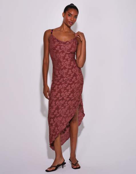 South Beach Floral textured cowl neck asymetric maxi dress in rust - view 1
