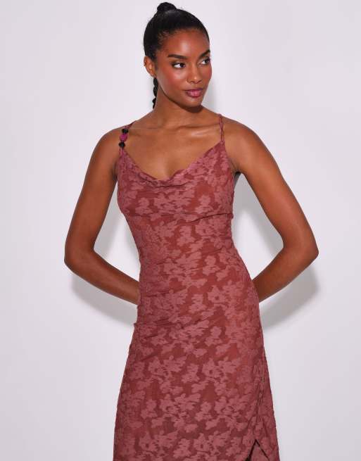 South Beach Floral textured cowl neck asymetric maxi dress in rust, 2 of 4