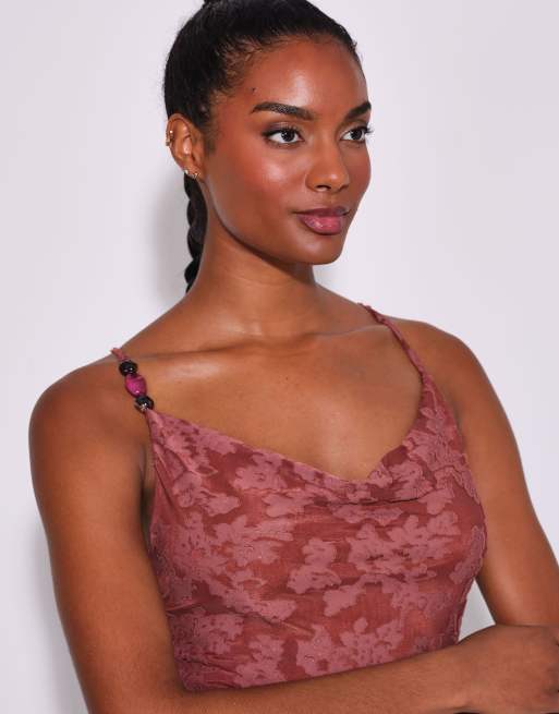 South Beach Floral textured cowl neck asymetric maxi dress in rust, 3 of 4