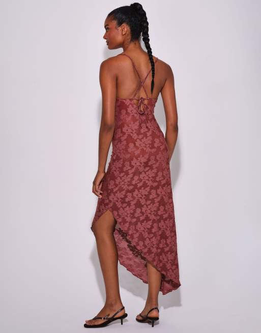South Beach Floral textured cowl neck asymetric maxi dress in rust, 4 of 4