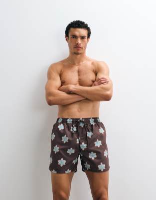 South Beach Flower Motif Swim Shorts In Brown
