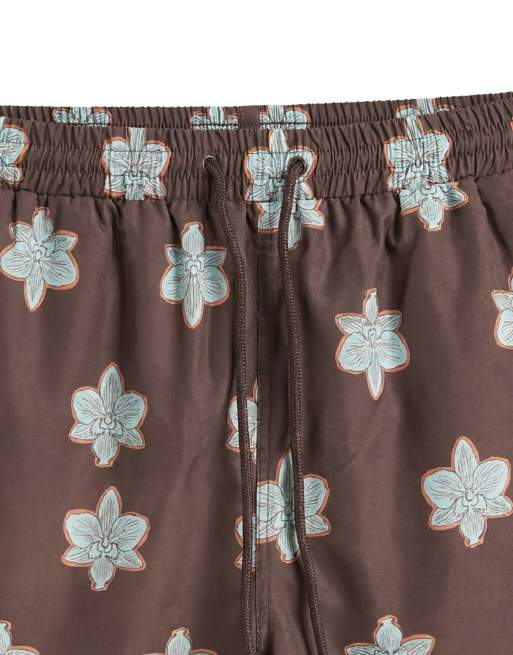 South Beach flower motif swim shorts in dark brown, 8 of 9