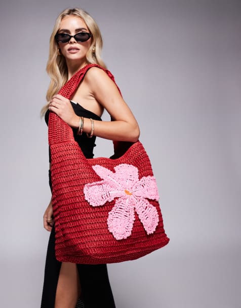 South Beach flower print crochet shoulder bag in red and pink - view 1