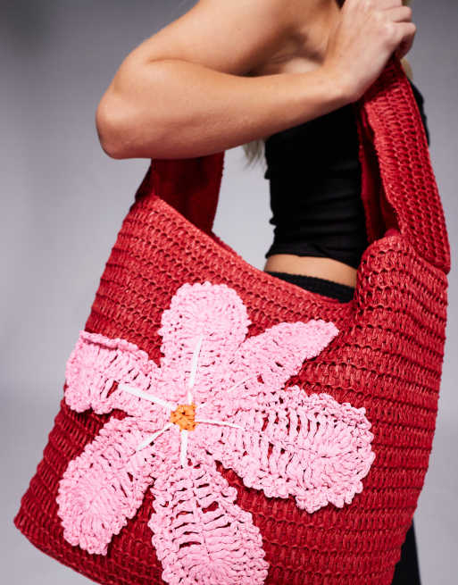 South Beach flower print crochet shoulder bag in red and pink , 2 of 4