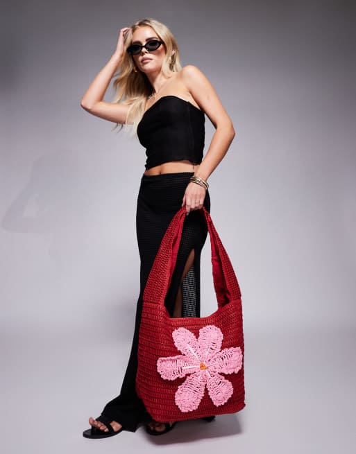 South Beach flower print crochet shoulder bag in red and pink , 3 of 4