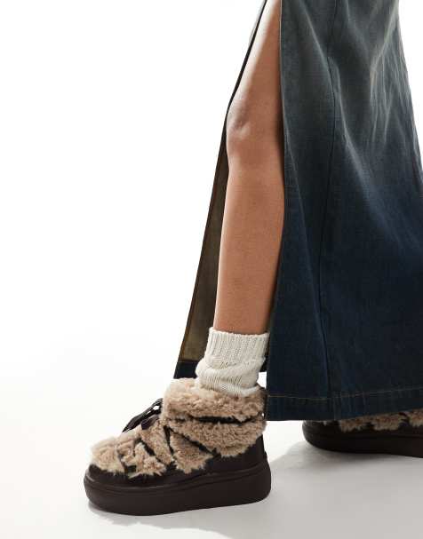 South Beach Fluffy Lace Up Mini Boots in Brown - view 1