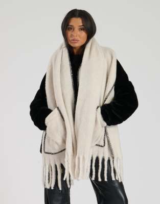 South Beach Fluffy pocket scarf with contrast stitch in cream-White