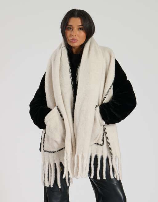 South Beach Fluffy pocket scarf with contrast stitch in cream