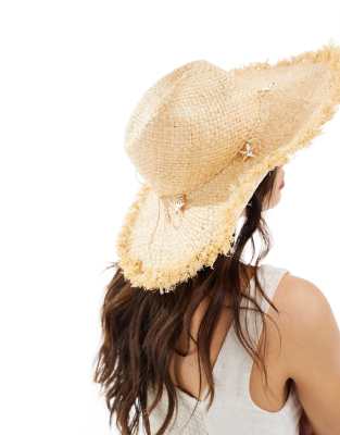 South Beach South Beach frayed edge beach fedora with starfish embellishment in natural-Neutral