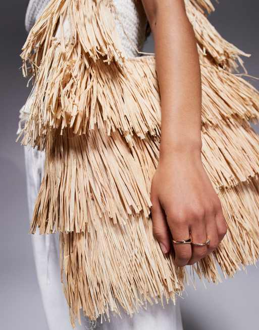 South Beach frayed straw shoulder bag in beige