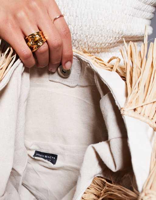 South Beach frayed straw shoulder bag in beige