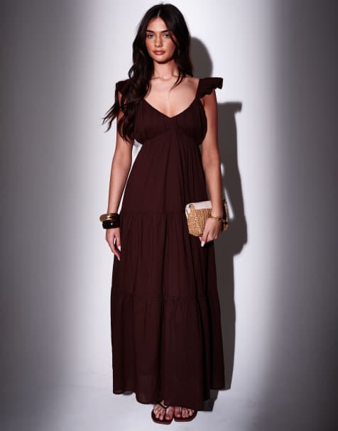 South Beach Frill sleeve tiered maxi dress in brown - view 1