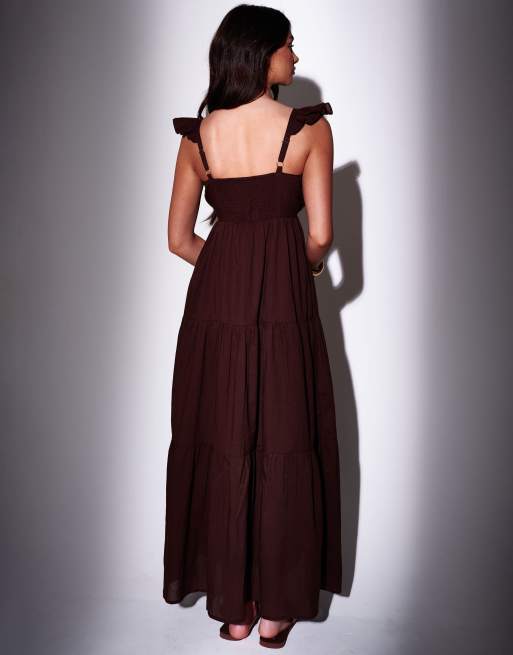 South Beach Frill sleeve tiered maxi dress in brown, 4 of 4