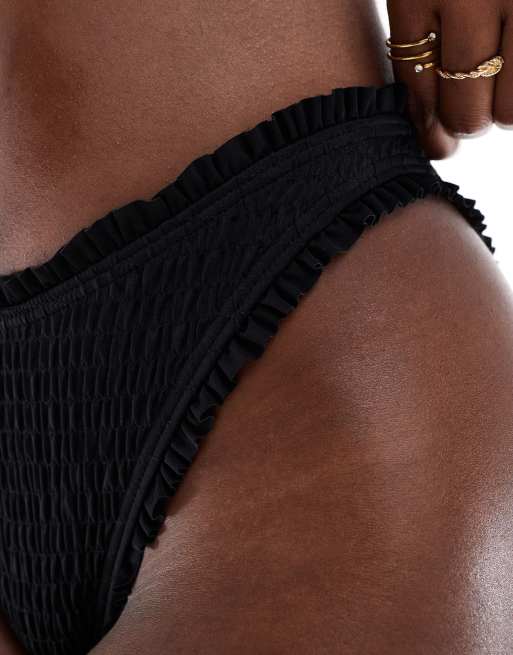 South Beach frilly crinkle high leg bikini bottom in black, 2 of 4