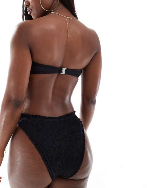 South Beach frilly crinkle high leg bikini bottom in black, 3 of 4