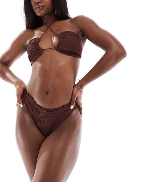 South Beach frilly crinkle high leg bikini bottom in brown - view 1