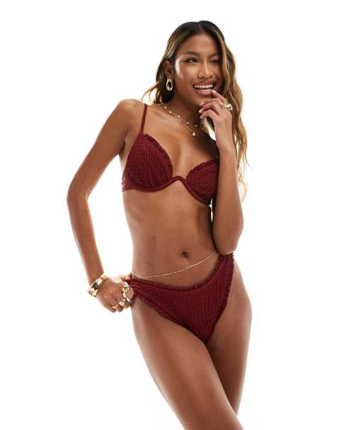 South Beach frilly crinkle high leg bikini bottom in pomegranate - view 1