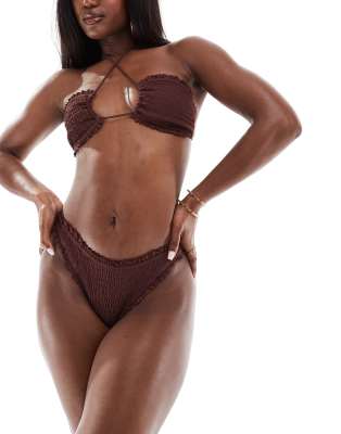 South Beach Frilly Crinkle High Leg Bikini Bottoms In Brown