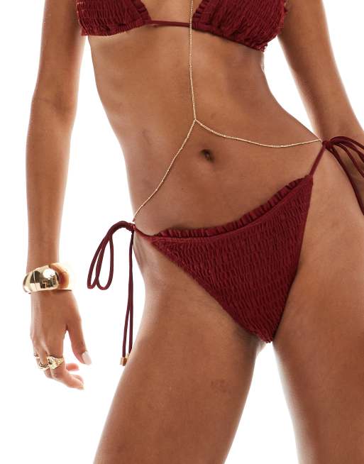 South Beach frilly crinkle tie side bikini bottom in pomegranate, 2 of 4