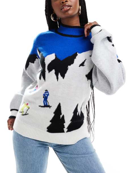 South Beach Funnel neck ski scene knit jumper in multi - view 1