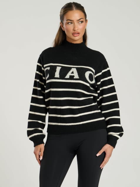 South Beach Funnel neck slogan striped knit jumper in black - view 1