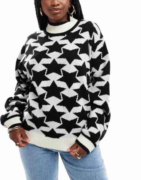 South Beach Funnel neck star knit jumper in black - view 1