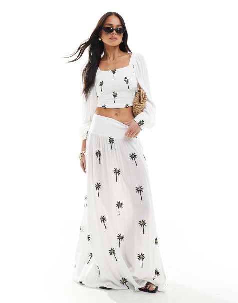 South Beach - Geborduurde maxi-rok met gesmokte taille in wit - view 1