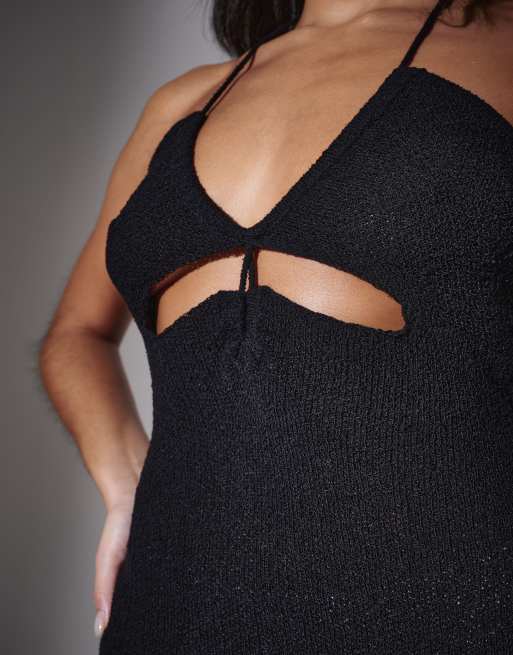South Beach - Gebreide maxi jurk met halternek en uitsnijding in zwart, 3 van 4