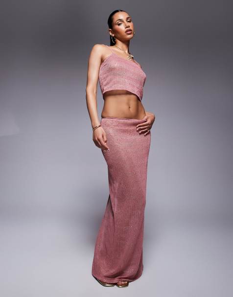 South Beach - Gebreide maxi rok met lovertjes in oudroze - view 1