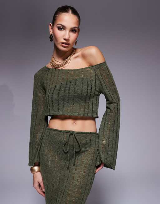 South Beach - Gebreide strandtop met lange mouwen in kaki, deel van co-ord set