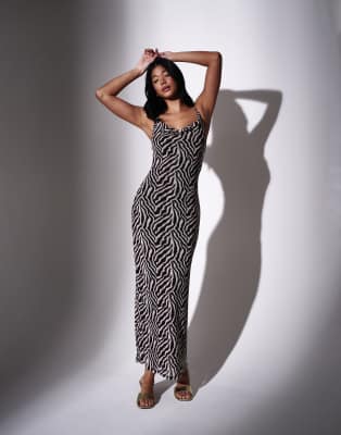 South Beach - Gefüttertes Maxikleid aus Netzstoff mit Zebramuster und Wasserfallausschnitt-Bunt