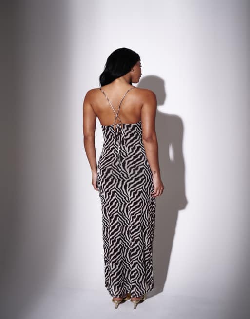 South Beach – Gefüttertes Maxikleid aus Netzstoff mit Zebramuster und Wasserfallausschnitt, 4 von 4