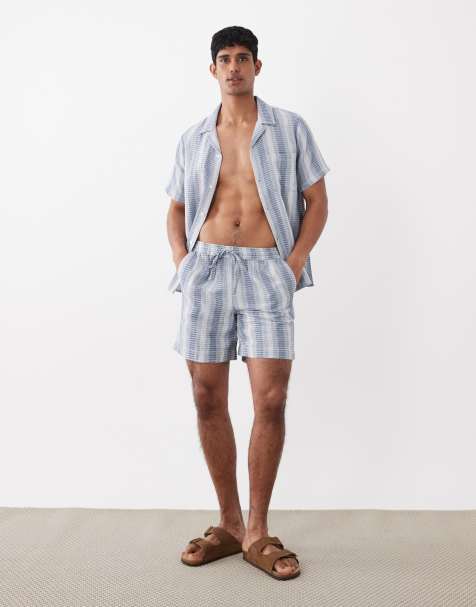 South Beach - Gehaakte gestreepte strandshort in blauw - view 1