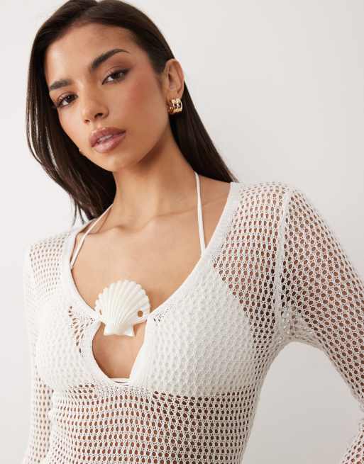 South Beach - Gehaakte maxi jurk met lange mouwen in wit, 4 van 4