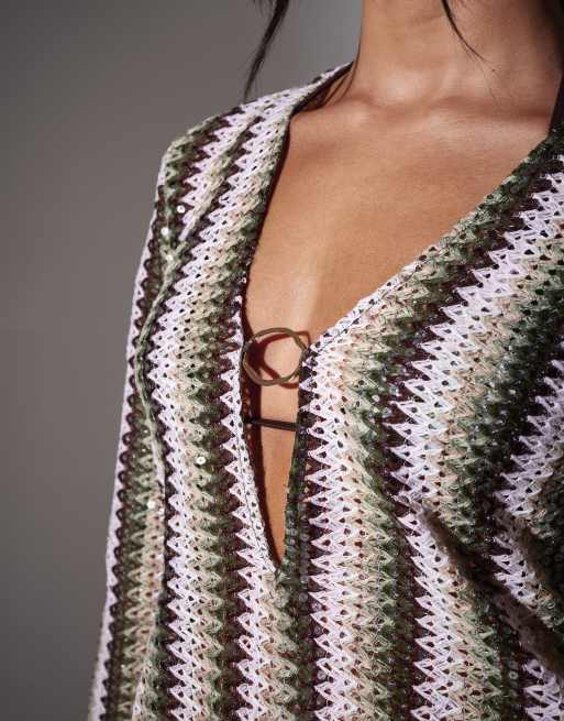 South Beach - Gehaakte mini kaftan jurk met lovertjes en ring in multi, 3 van 4
