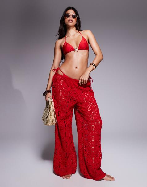 South Beach - Gehaakte strandbroek in rood, deel van co-ord set - view 1
