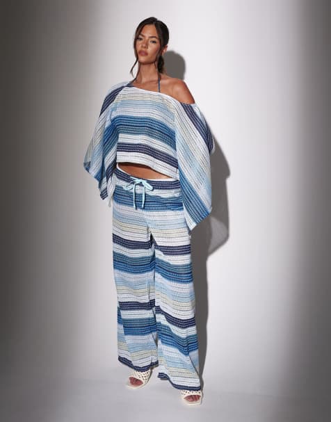 South Beach – Gehäkelte Hose in Blau gestreift mit weitem Bein - view 1