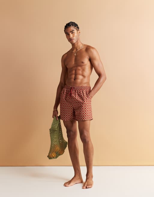 South Beach geo print swim shorts in rust