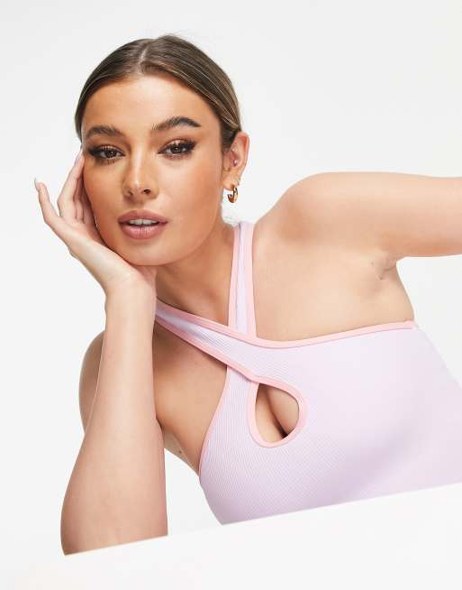 South Beach - Geribbelde crop top met halternek en keyhole in lila 