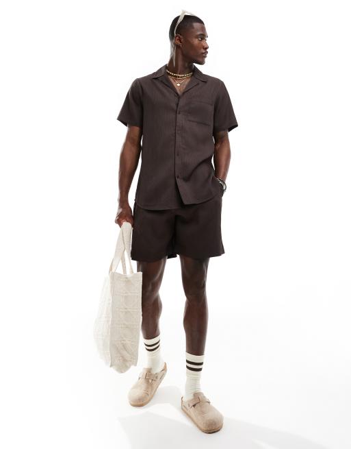 South Beach - Geribbelde gestreepte strand-co-ord set in bruin