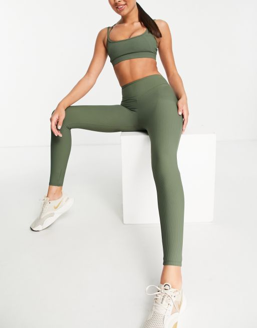 South Beach - Geribbelde legging met hoge taille in donker kaki