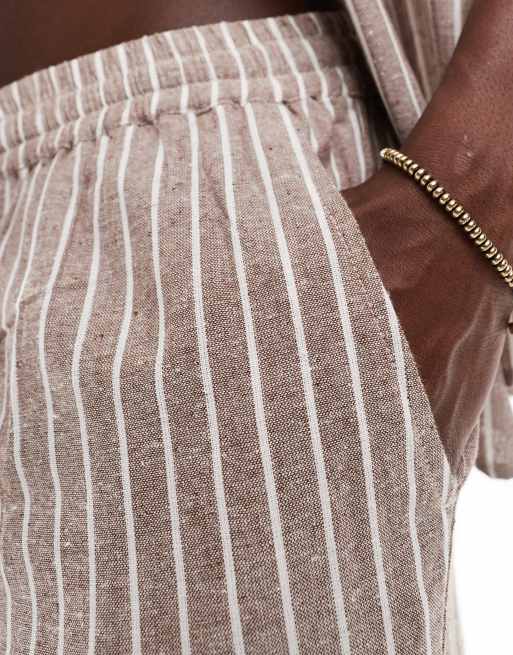 South Beach - Gestreepte strandbroek van linnenmix in bruin en wit, 2 van 5
