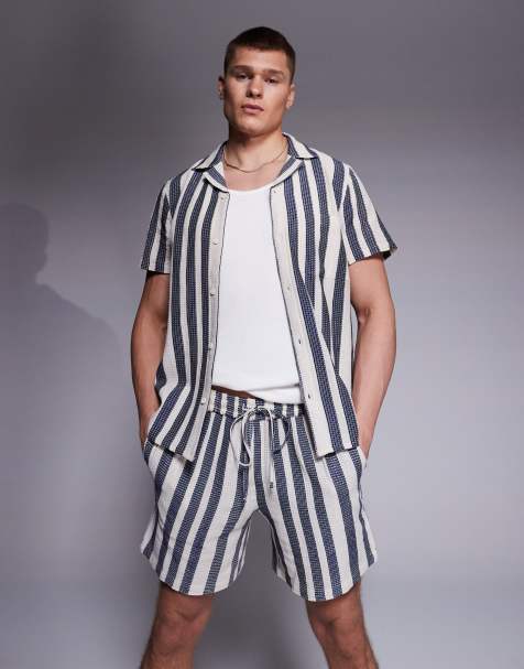 South Beach - Gestreepte strandshort met textuur in blauw, deel van co-ord set - view 1