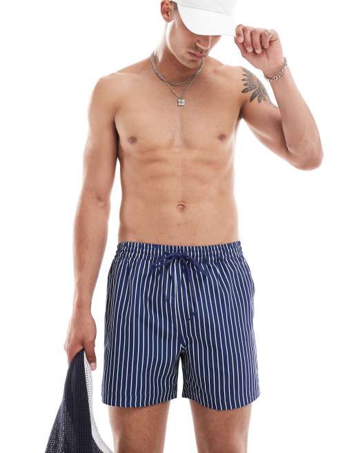 South Beach - Gestreepte zwemshort in marineblauw en crème