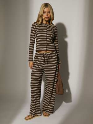 South Beach - Gestreifte Strickhose in Braun mit weitem Bein-Brown