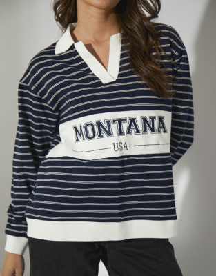 South Beach - Gestreiftes Rugbyshirt in Marineblau mit „Montana"-Grafikprint