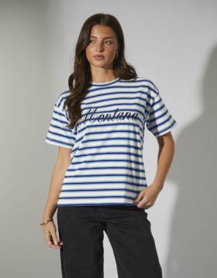 South Beach - Gestreiftes T-Shirt in Marineblau mit „Montana"-Grafikprint