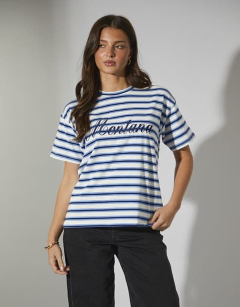 South Beach – Gestreiftes T-Shirt in Marineblau mit „Montana“-Grafikprint - view 1