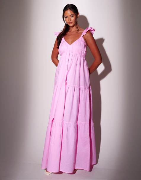 South Beach – Gestuftes Maxikleid in Rosa mit Rüschenärmeln - view 1